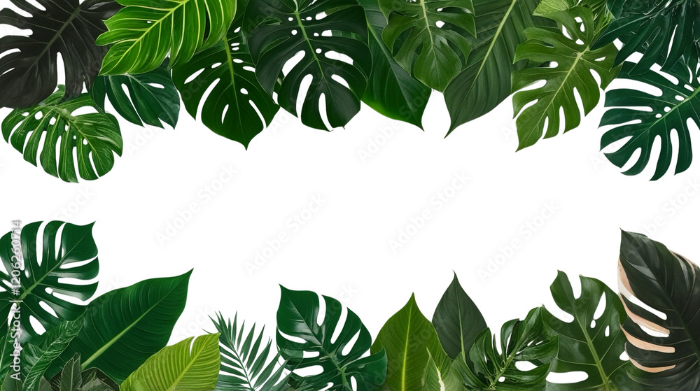 Fototapeta premium a lush green border made of various tropical leaves. The leaves is isolated on a white background, creating a clean and vibrant frame