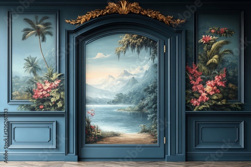 Fototapeta Naklejka Na Ścianę i Meble -  Door mural with tropical jungle scene