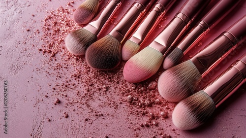 Variety of makeup brushes arranged in a line with colorful powder backdrop on...