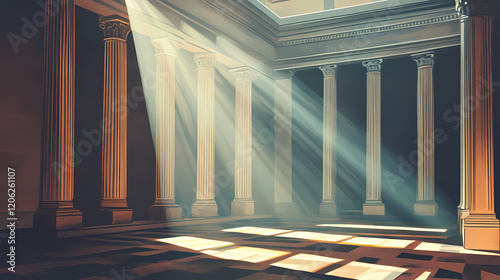 Ancient roman temple interior with sunlight rays. Shadow Temple. Illustration photo