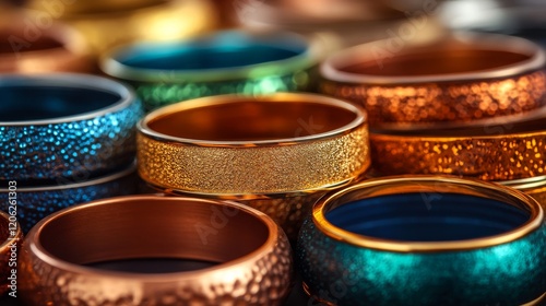 Colorful metal bangles arranged in vibrant patterns with intricate textures a...