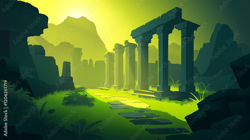 Fototapeta premium Ancient temple ruins in lush green valley. Shadow Temple. Illustration