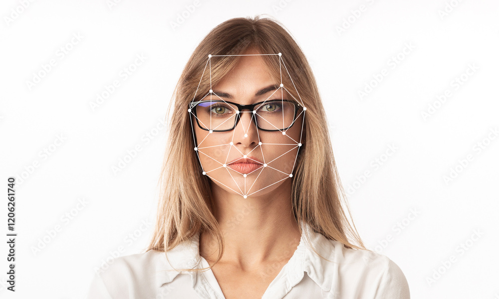 A woman with glasses is featured against a plain background, showcasing a facial recognition overlay highlighting key facial features. This technology emphasizes identification capabilities. A woman with glasses is featured against a plain background, showcasing a facial recognition overlay highlighting key facial features. This technology emphasizes identification capabilities.