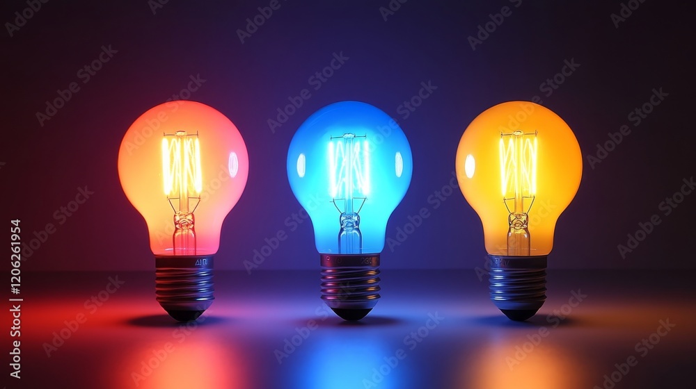 Three vibrant, colorful light bulbs radiating red, blue, and yellow light, symbolizing creativity and diversity, placed in a neat, artistic arrangement. Three vibrant, colorful light bulbs radiating red, blue, and yellow light, symbolizing creativity and diversity, placed in a neat, artistic arrangement.