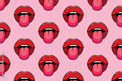 Seamless pattern. Pop art, red lips. Half-open mouth, protruding tongue. Vector illustration.
