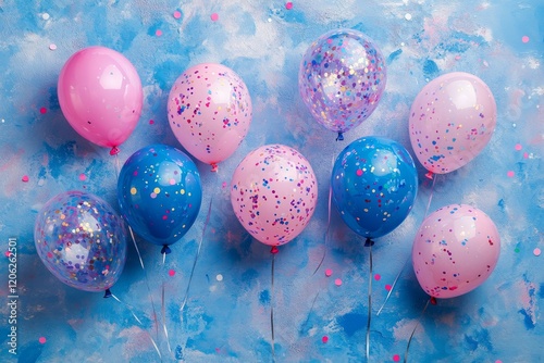Colorful balloons with confetti on a dark background for festive occasions an...