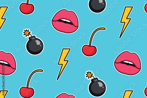 Pattern of pop art elements. Lips and lightning, cherry and bomb. Pop art wallpaper. Vector illustration