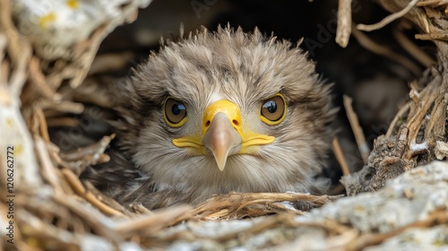 A portrait of a young eagle chick peering out from its nest. Its piercing yellow eyes are highlighted, surrounded by a rustic setting of twigs and feathers.