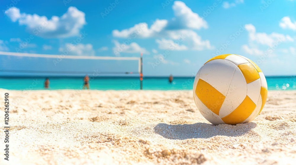 Beach volleyball game, tropical coast, sunny day, ocean background, summer vacation Beach volleyball game, tropical coast, sunny day, ocean background, summer vacation