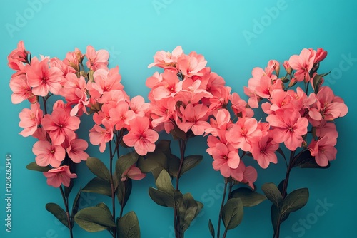 Pink flowers arranged on a blue background create a vibrant display in a cozy...