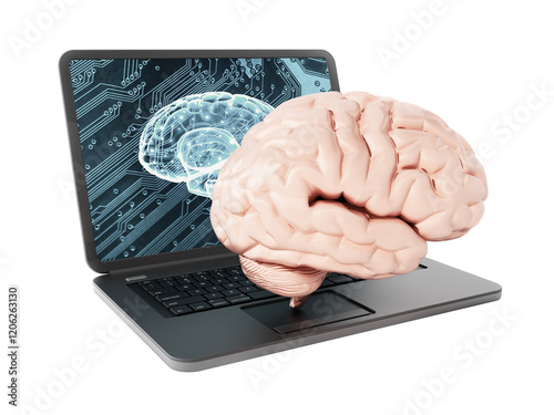 Brain standing on laptop computer keyboard on transparent background. 3D illustration