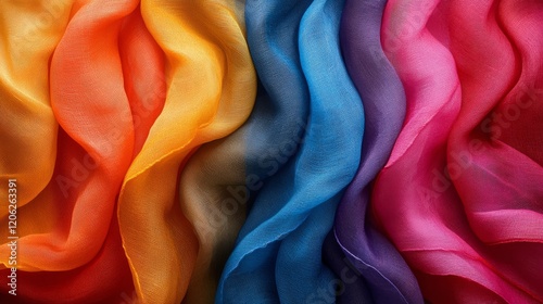 Vibrant silk fabrics in a wide array of colors displayed in a flowing arrange...