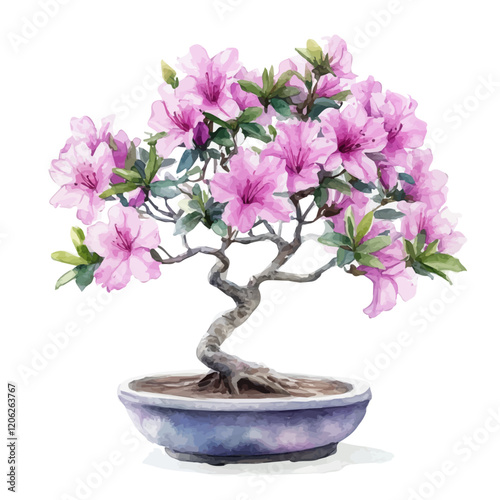 A watercolor clipart of a royal azalea bonsai tree, isolated on a white background. Royal azalea bonsai vector.
