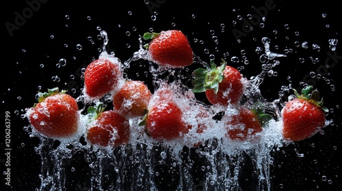 Juicy red strawberries captured mid-splash against a black backdrop, highlighting their freshness and vibrant color in an energetic display of fruit. photo