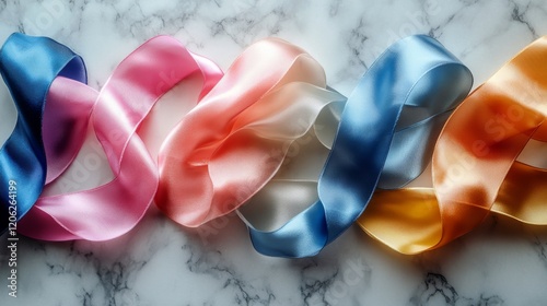 Colorful silk ribbons arranged on a smooth surface in various shades