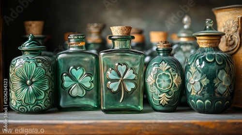 Vintage glass bottles with intricate designs displayed on a wooden shelf in w...