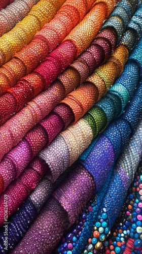 Vibrant collection of multicolored textile rolls displayed in a market setting