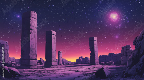 Majestic starlit night sky above ancient ruins,. Ancient Ruins. Illustration photo