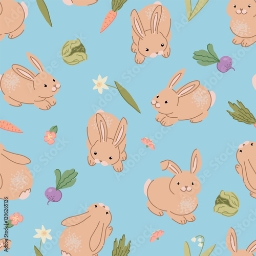 Cute rabbits seamless pattern. Ornament of bunnies pretty animals. Contemporary vector illustration.