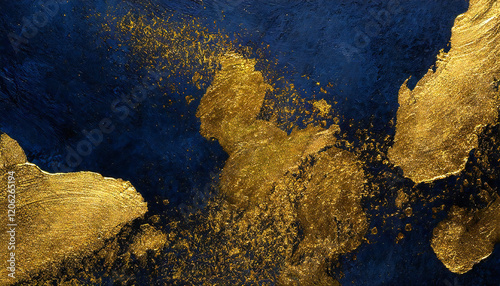 濃紺の背景に金色のテクスチャーが配置されたイメージ。An image with gold texture on a dark blue background. photo