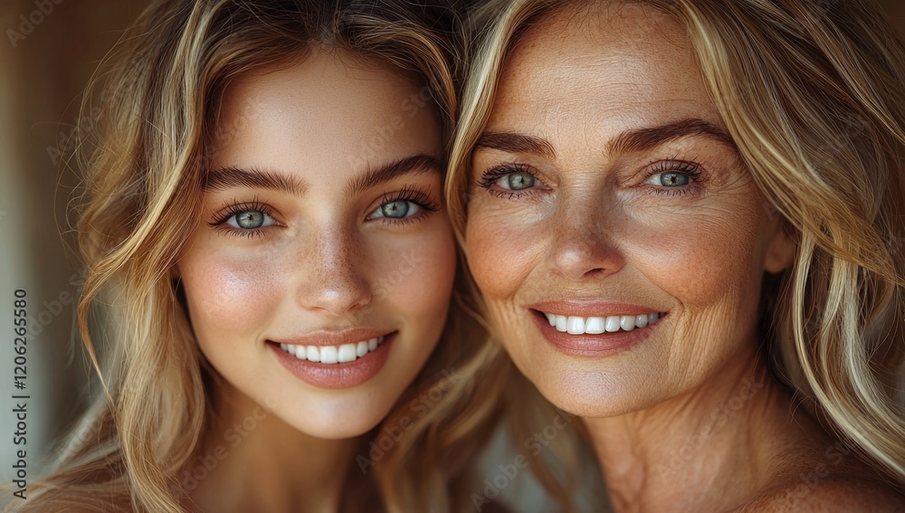 A close-up of a mature woman and her young daughter, both smiling and embracing, captures family love, connection, and admiration. The scene conveys warmth, support, and the happiness of familial A close-up of a mature woman and her young daughter, both smiling and embracing, captures family love, connection, and admiration. The scene conveys warmth, support, and the happiness of familial