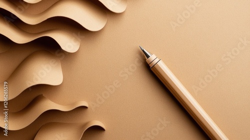 Close-up of beige pen next to wavy paper layers
