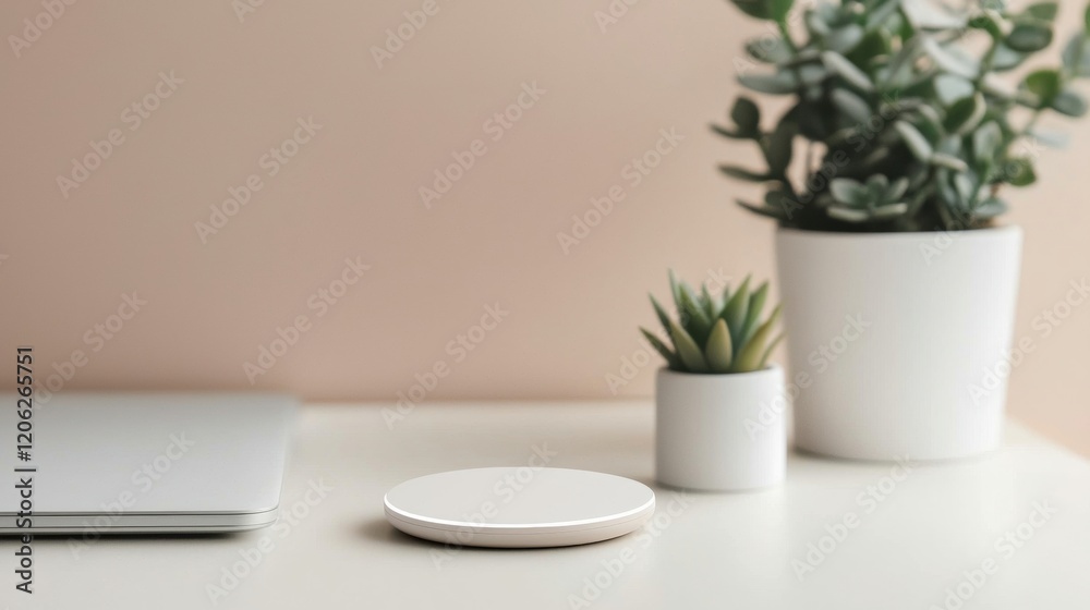 White desk with a laptop on the left side and a small potted plant on the right side. the laptop is open and the screen is turned on. White desk with a laptop on the left side and a small potted plant on the right side. the laptop is open and the screen is turned on.
