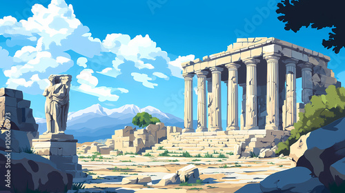 Ruins of an ancient greek temple with columns and statues, ruins, ancient, greek temple, columns. Ancient Ruins. Illustration