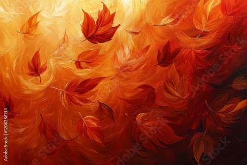 Colorful autumn leaves swirling in warm tones of red and orange capturing sea...