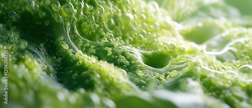 Vibrant green algae with slimy texture and bubbles in a natural setting