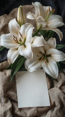 White lilies and blank card on dark textured background for elegant presentation