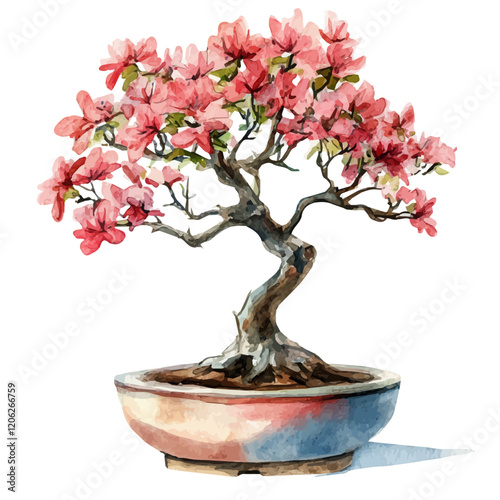 A watercolor of a Persian silk tree bonsai, with soft pink blooms and decorative green leaves, isolated on a white background. Bonsai vector.
