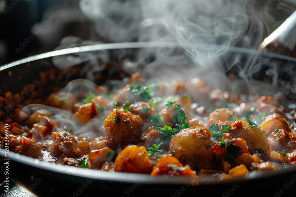 Mycoprotein chunks being added to a hearty, steaming stew, with the moment of movement captured as soft steam blurs the background. Mycoprotein chunks being added to a hearty, steaming stew, with the moment of movement captured as soft steam blurs the background.