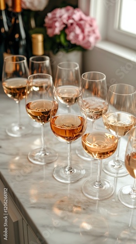 Colorful array of wine glasses displayed in elegant interior setting during d...