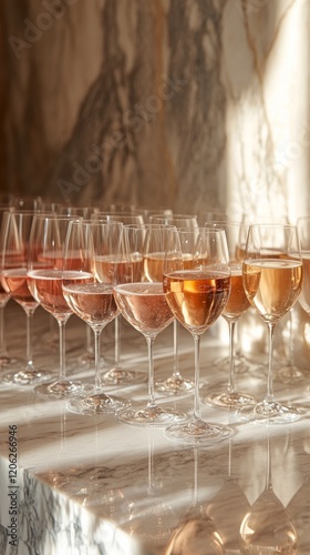 Colorful array of wine glasses displayed in elegant interior setting during d...