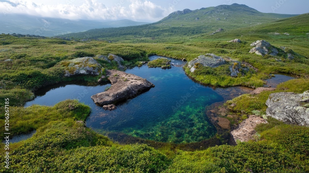 Mountain lake, clear water, green hills, sunny day, nature landscape, travel photography Mountain lake, clear water, green hills, sunny day, nature landscape, travel photography