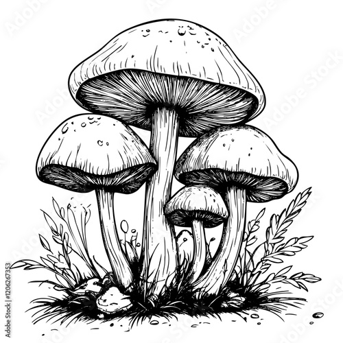 Detailed Hand-Drawn Sketch Illustration, Mushroom in Monochrome Art, Transparent Background, Vector File