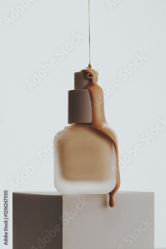 A bottle of foundation stands on a white platform on a white background, on which a drop of foundation runs down