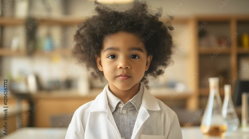 A talented young child who has become a top scientist in their scientific suit, studying things in their scientific laboratory. A talented young child who has become a top scientist in their scientific suit, studying things in their scientific laboratory.