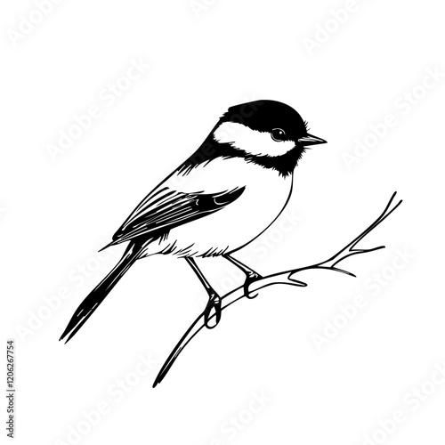Elegant Line Art Sketch, Vintage Illustration of Chickadee, Isolated on Transparent Background, Vector Format 