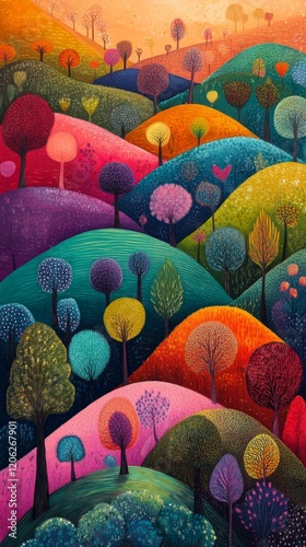 Colorful abstract landscape with vibrant trees and rolling hills under a past...