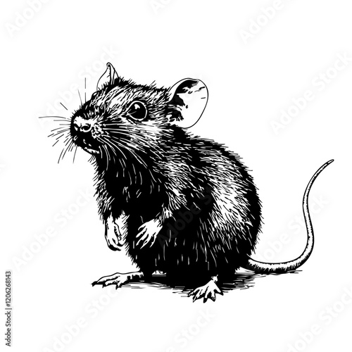  Fine Line Art Illustration, A Detailed Sketch of Rat Featuring Textured Hatching and Monochromatic Precision with Transparent Background 