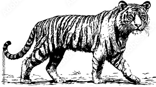  Fine Line Art Illustration, A Detailed Sketch of Tiger Featuring Textured Hatching, with Transparent Background
