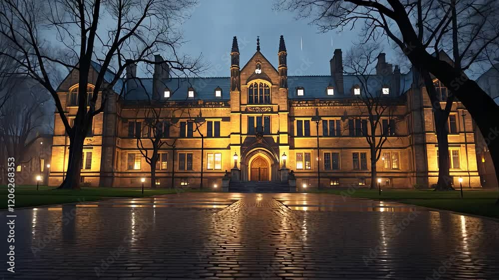 Illuminated Gothic-Style Building at Night with Wet Pavement and Bare Trees in a Dramatic Setting
Illuminated Gothic-Style Building at Night with Wet Pavement and Bare Trees in a Dramatic Setting