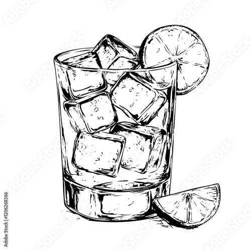 Fine Line Art Illustration, Detailed Sketch of Hand Drawn Illustration of Gin and Water in Wine, Transparent Background, Scalable Vector 