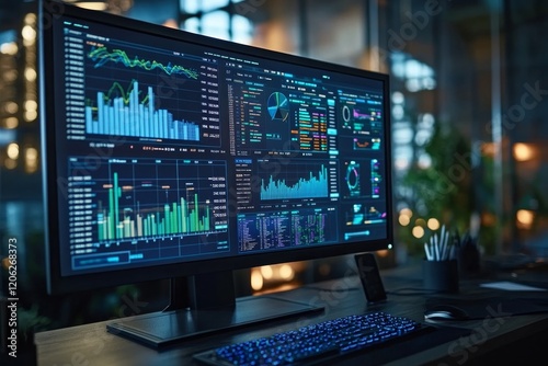 Data analytics dashboard displaying visualizations in modern office environme...
