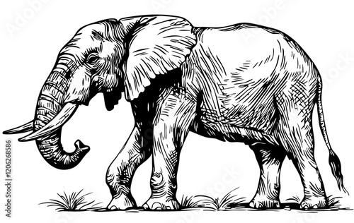 High-Quality Line Drawing Illustration, Elephant Hand-Drawn Sketch, Transparent Background, Vector Design