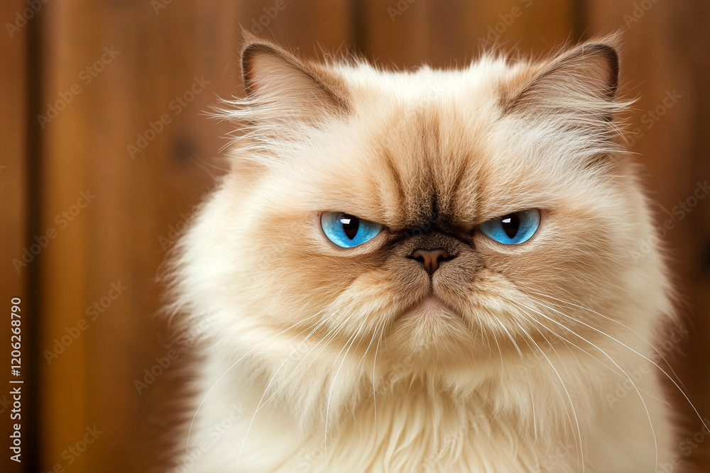 Fototapeta premium Fluffy cat with blue eyes and grumpy expression