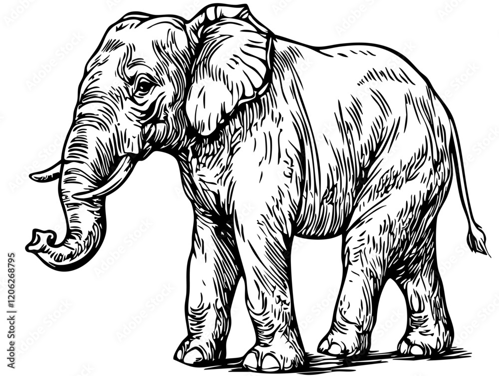 Fototapeta premium Intricate Hand-Drawn Illustration, Monochrome Sketch of Elephant, No Background, Editable Vector