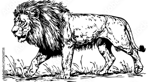 High-Quality Line Drawing Illustration, Lion Hand-Drawn Sketch, Transparent Background, Vector Design 